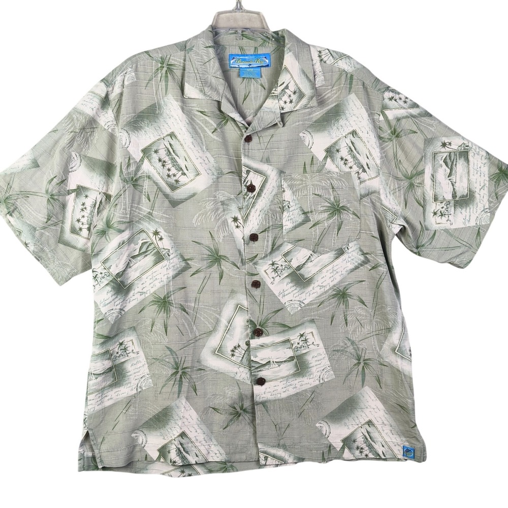 Bermuda Bay Shirt Men M 100% Silk Hawaiian Camp Postcard Palm Print Green